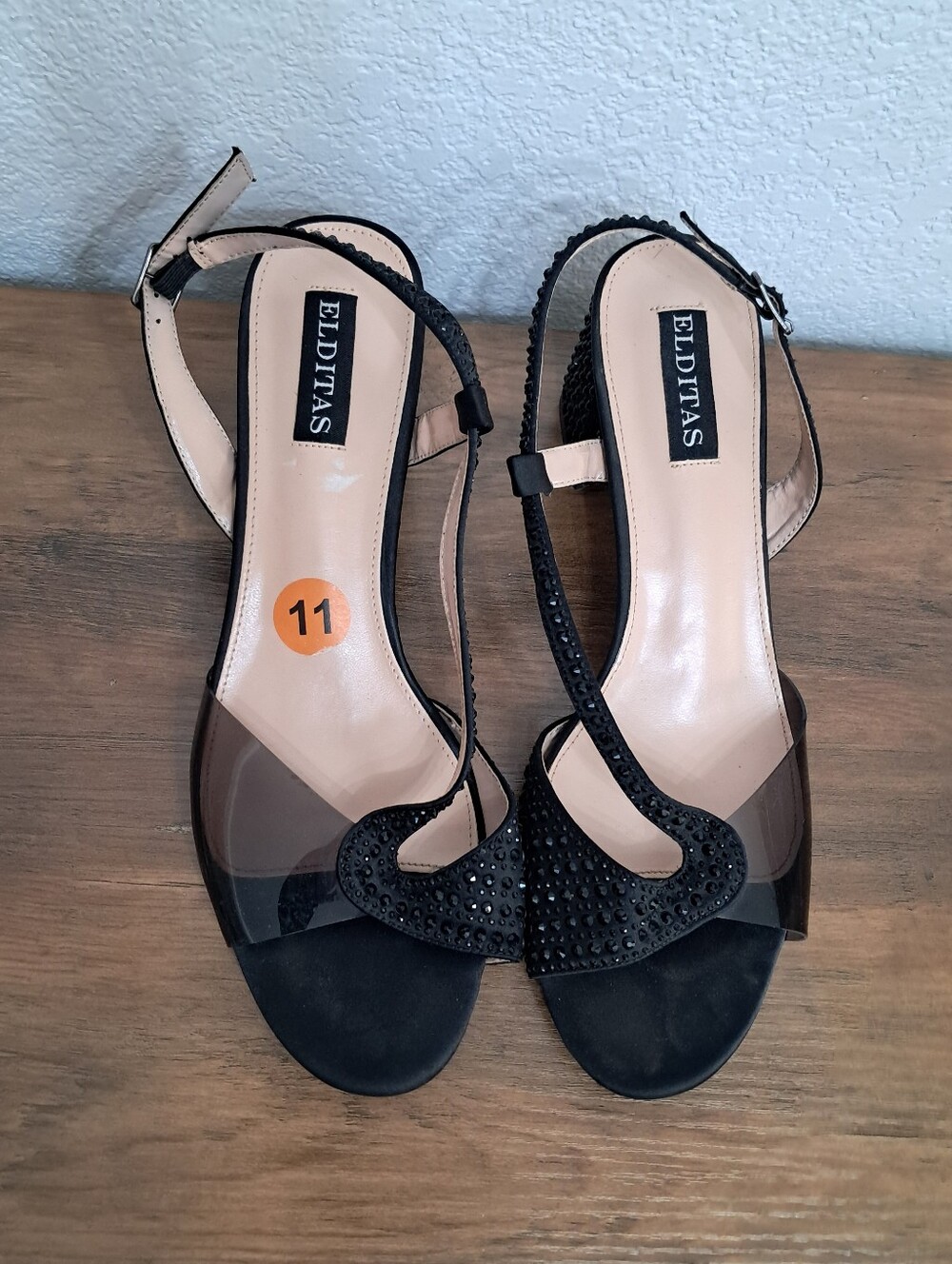 Elditas Sz 11 Black Natasha Sandals Rhinestone Embellished Block Heel Night Out